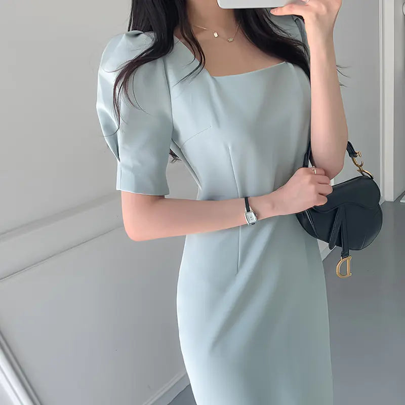 Korean Chic French Style Slim-Fit Midi Dress with Puff Sleeves