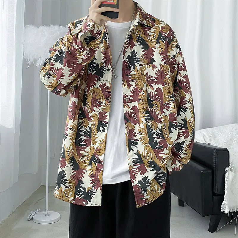 Men's Retro Floral Long Sleeve Shirt - Casual Loose Fit
