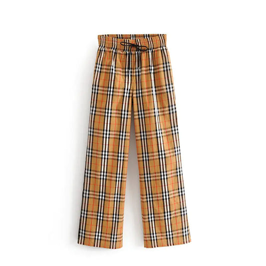 Summer Women's Plaid Wide-Leg Pants with Drawstring