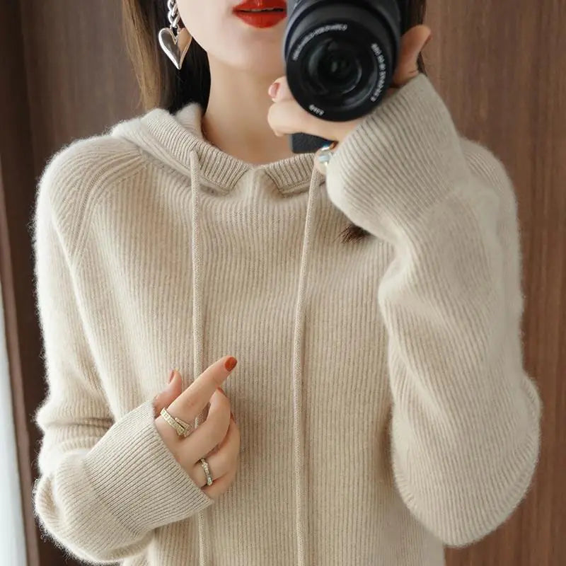 Women's Loose Short Hooded Cashmere Pullover Sweater