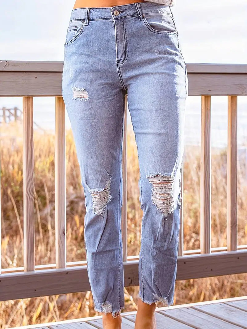 Blue Raw Hem Distressed Straight Jeans for Women