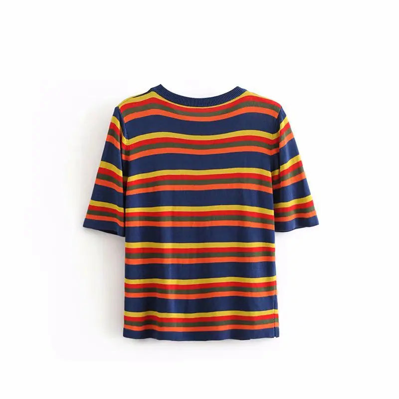Colorful Striped Round Neck Short Sleeve Knit T-Shirt