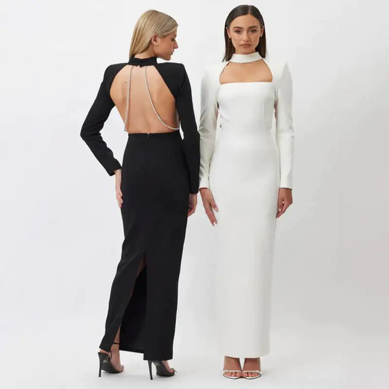 Backless Rhinestone Long Sleeve Slit Dress