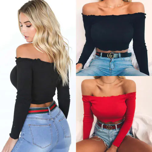 New Short Cropped Off-Shoulder Long Sleeve Top