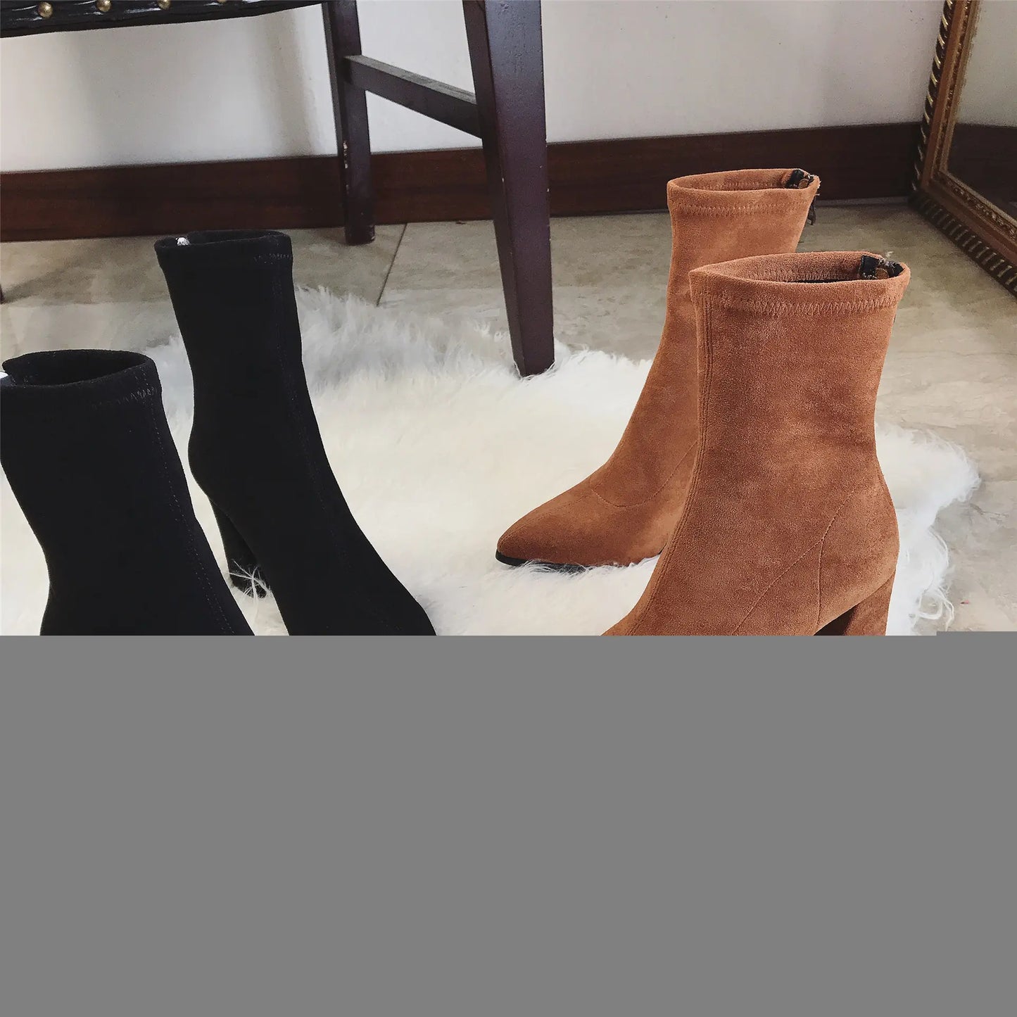 Warm Pointed Toe Mid Block Heel Suede Shoes