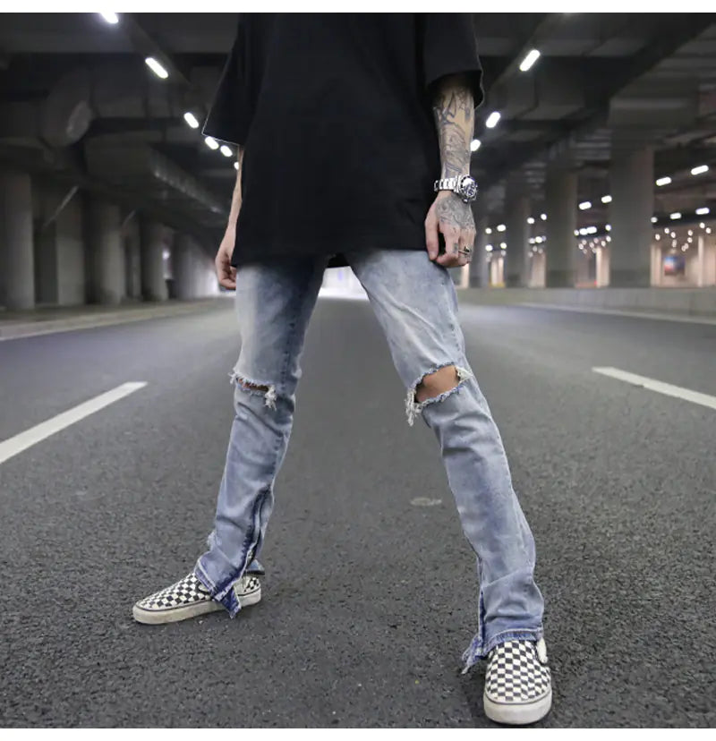 High Street Style Slim Fit Button Design Ripped Jeans