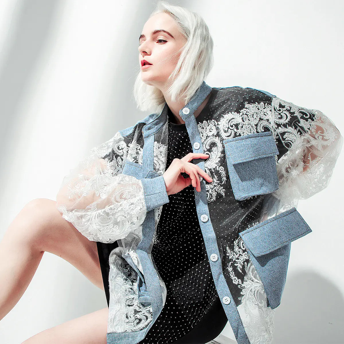 Oversized Sheer Lace-Trimmed Denim Jacket