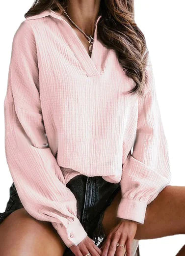 Lapel Lantern Long Sleeve Solid Color Shirt