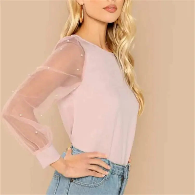 Long Sleeve Blouse with Beaded Mesh Panels