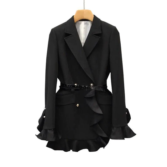 Korean Style Ruffled Waist Double-Breasted Blazer