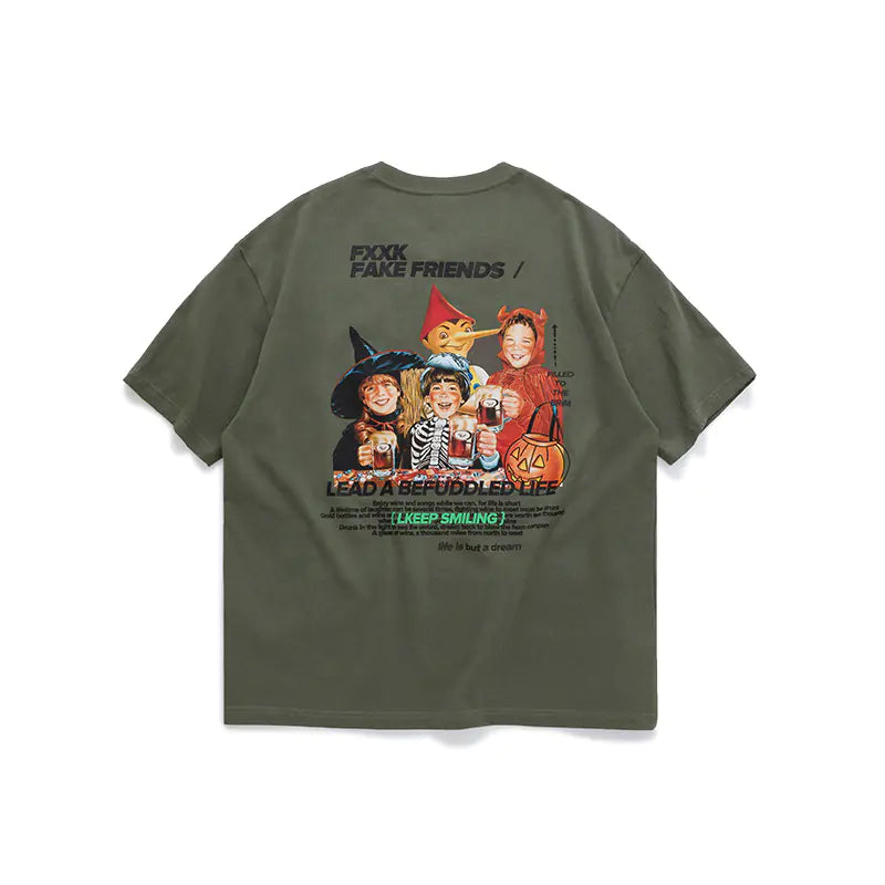 Retro Cartoon Print Loose Fit Short Sleeve T-Shirt