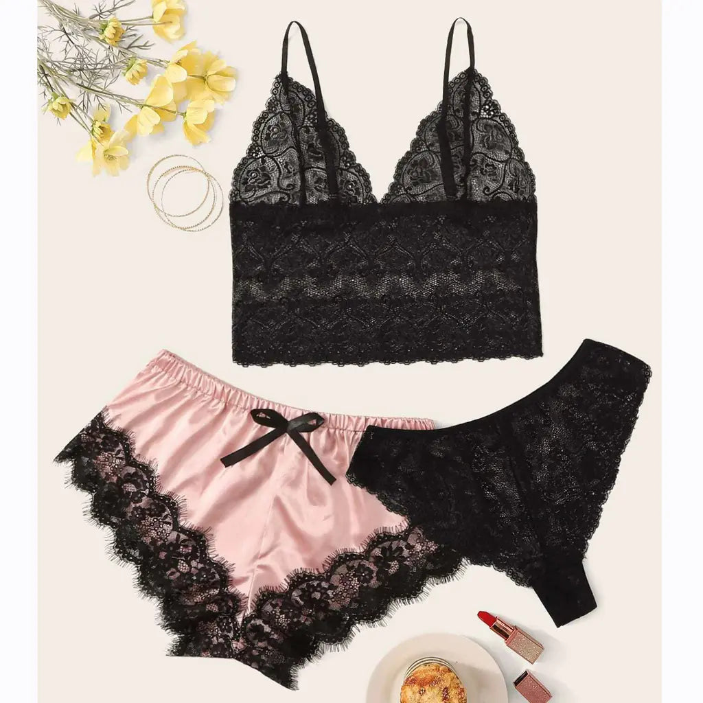 Women's 3-Piece Lace Pajama Set with Shorts and Top