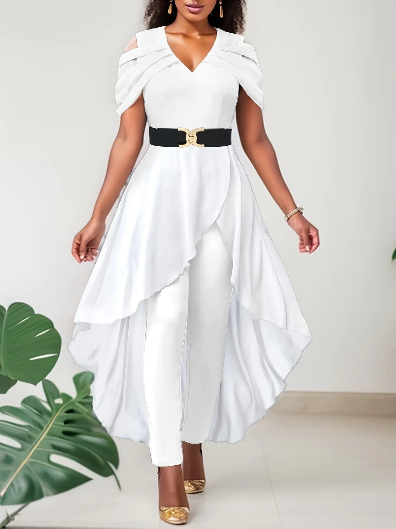 Off-the-Shoulder Slim-Fit Irregular Hem Jumpsuit