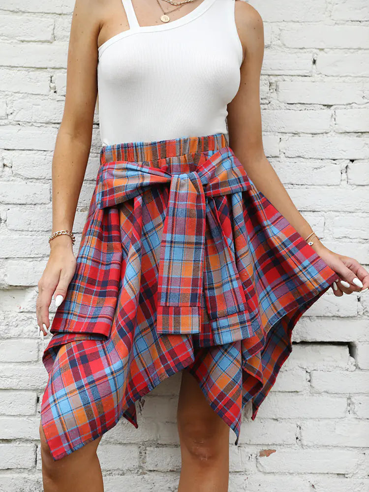 Irregular High Waist Plaid Tie-Sleeve Skirt for Women