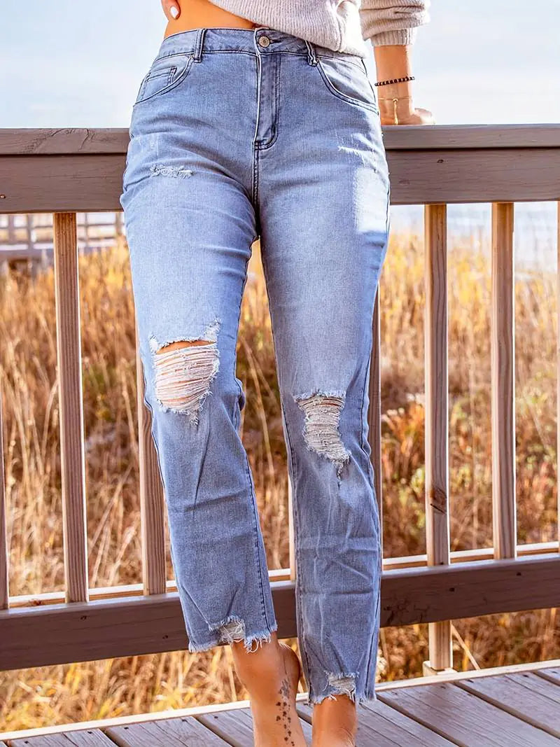Blue Raw Hem Distressed Straight Jeans for Women