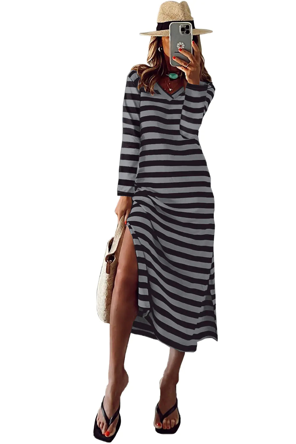 Women's Printed Long Sleeve Slit Dress