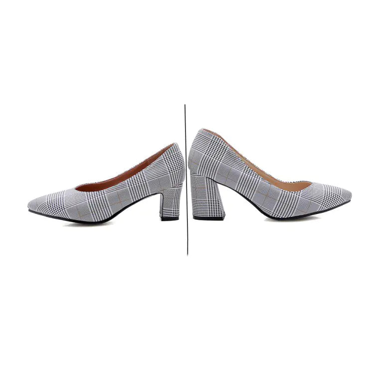 Elegant Checkered Pointed-Toe Mid-Heel Women's Shoes