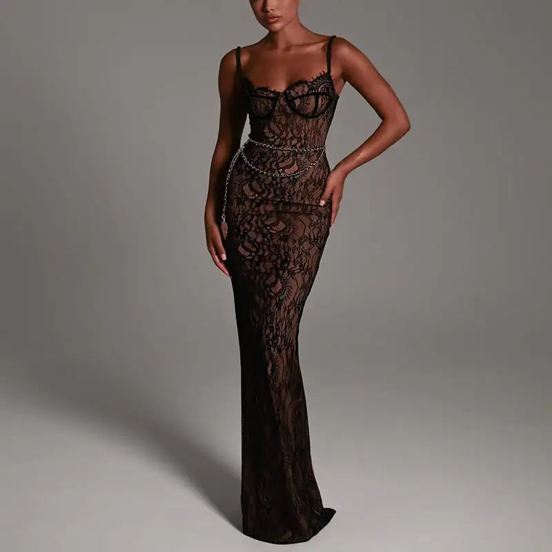 Lace Splicing Sling Long Dress