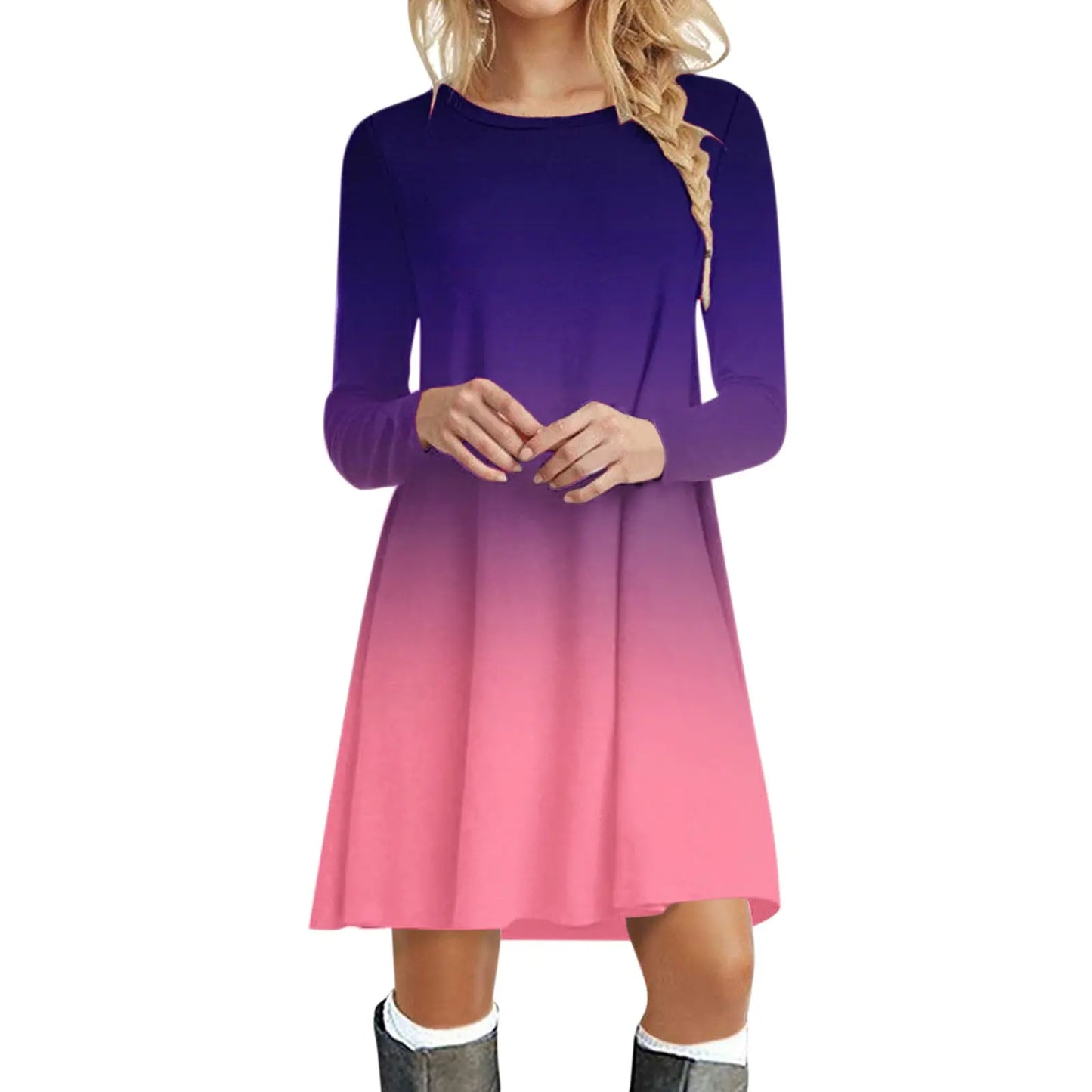 Casual Printed Christmas Long Sleeve Crewneck Dress