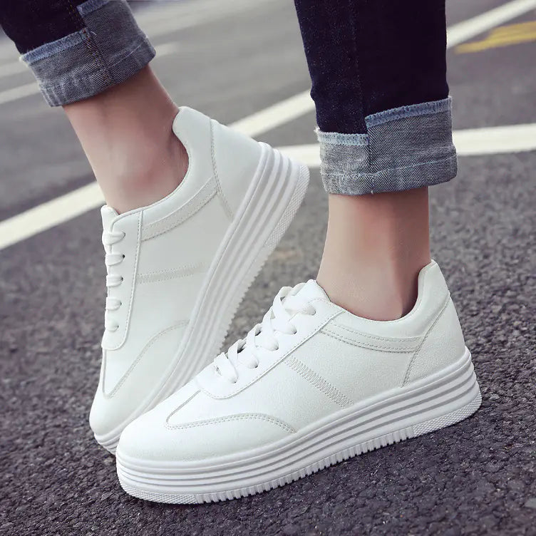 Thick Sole White Sneakers, Korean Style Lace-Up Shoes