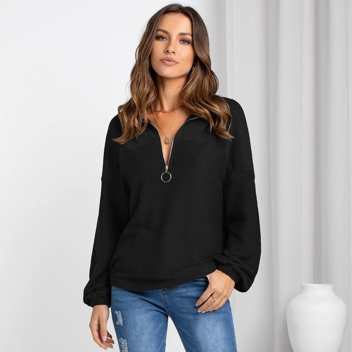 Women's Casual V-Neck Solid Color Loose Sweater