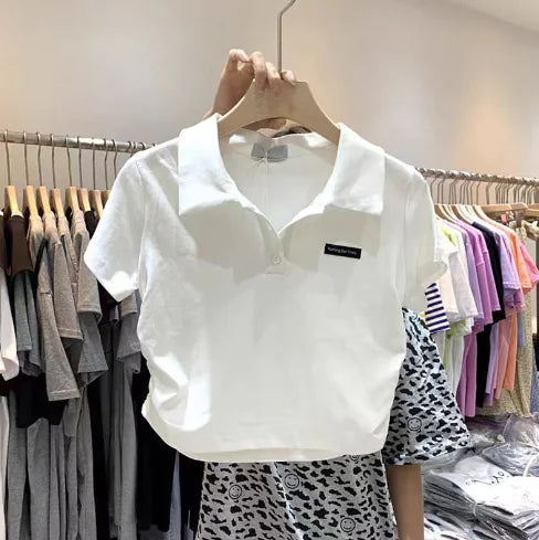 Short Cropped Polo Letter Print T-Shirt