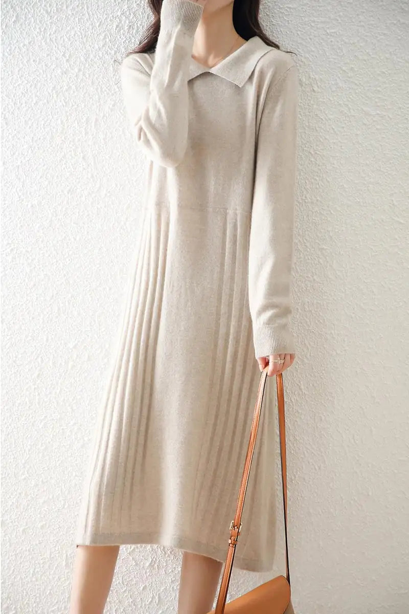 Women's Solid Color Wool Knitted Dress with Collar