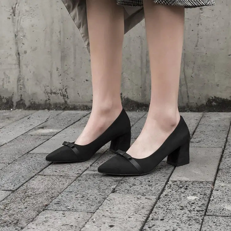 New Women's Black Suede Mid-Heel Pointed Shoes