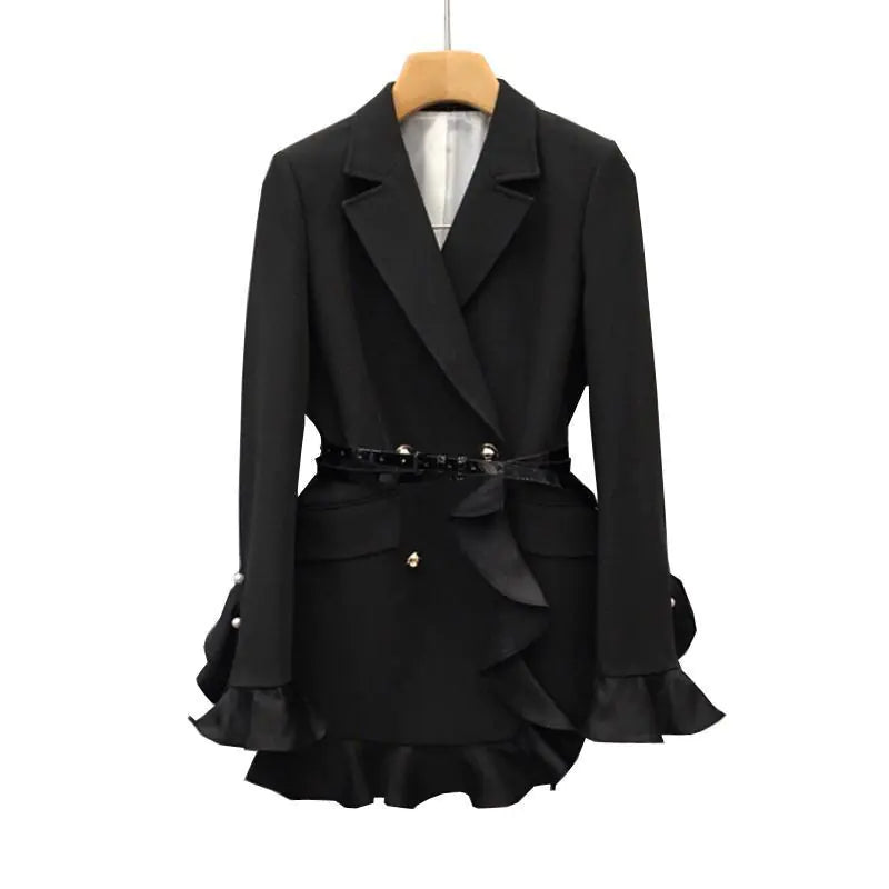 Korean Style Ruffled Waist Double-Breasted Blazer