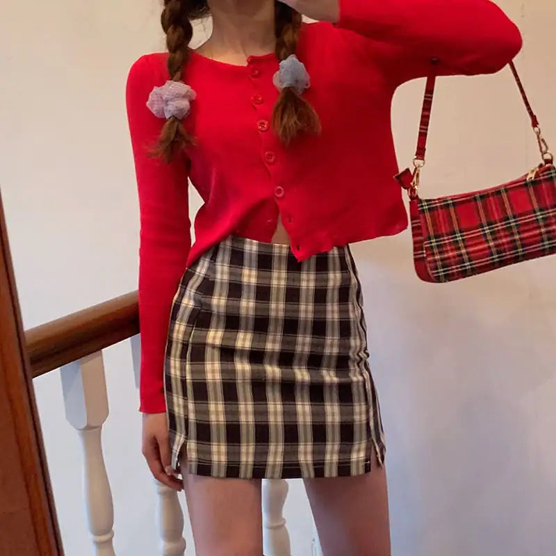 High Waist Casual Slim Plaid Skirt for Women
