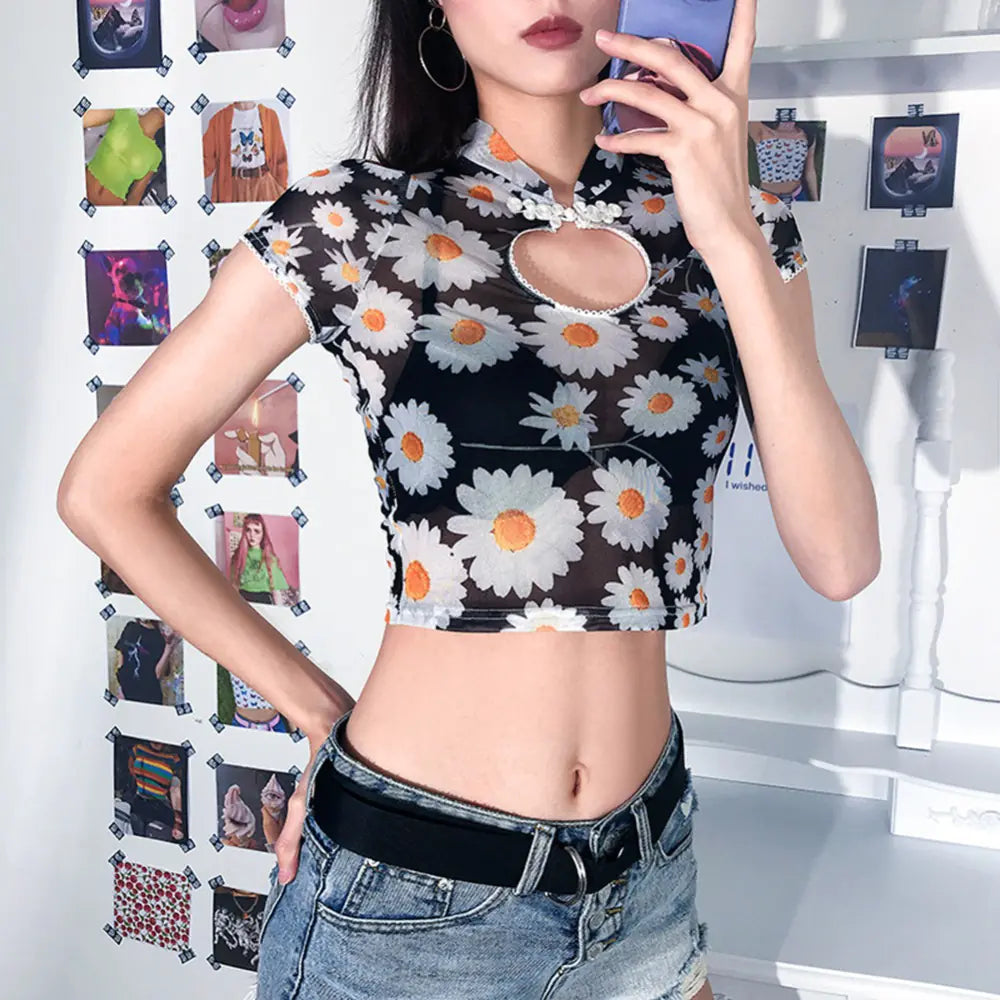 Sheer Mesh Turtleneck T-Shirt with Floral Short Sleeves