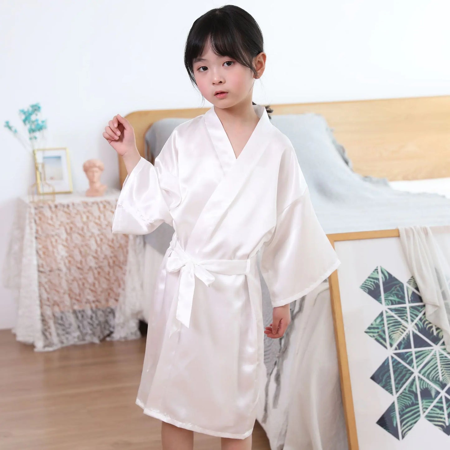 Children's Solid Color Silk Satin Bathrobe Kimono