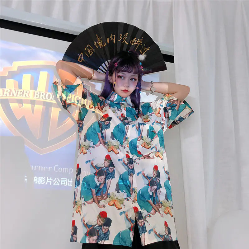 Retro Cartoon Print Loose Short Sleeve Shirt