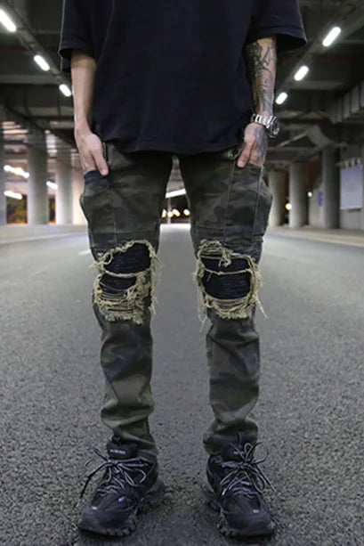 Coconut Style Military Patchwork Denim Cargo Pants