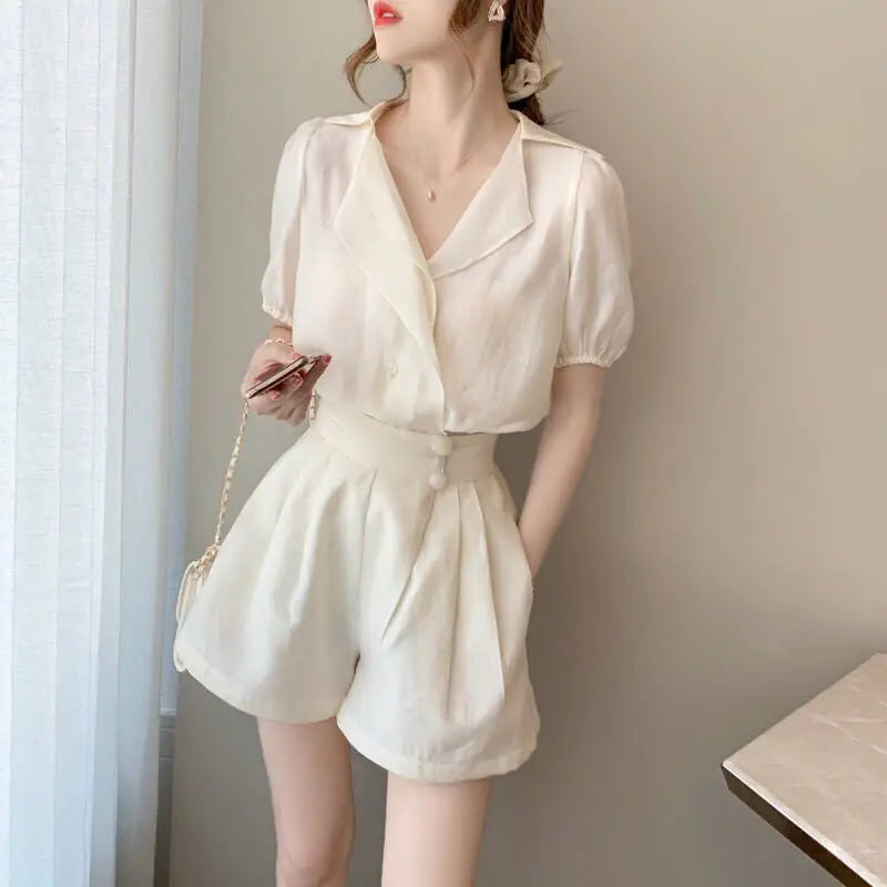 2020 Vintage French Style Chiffon Top and Shorts Set