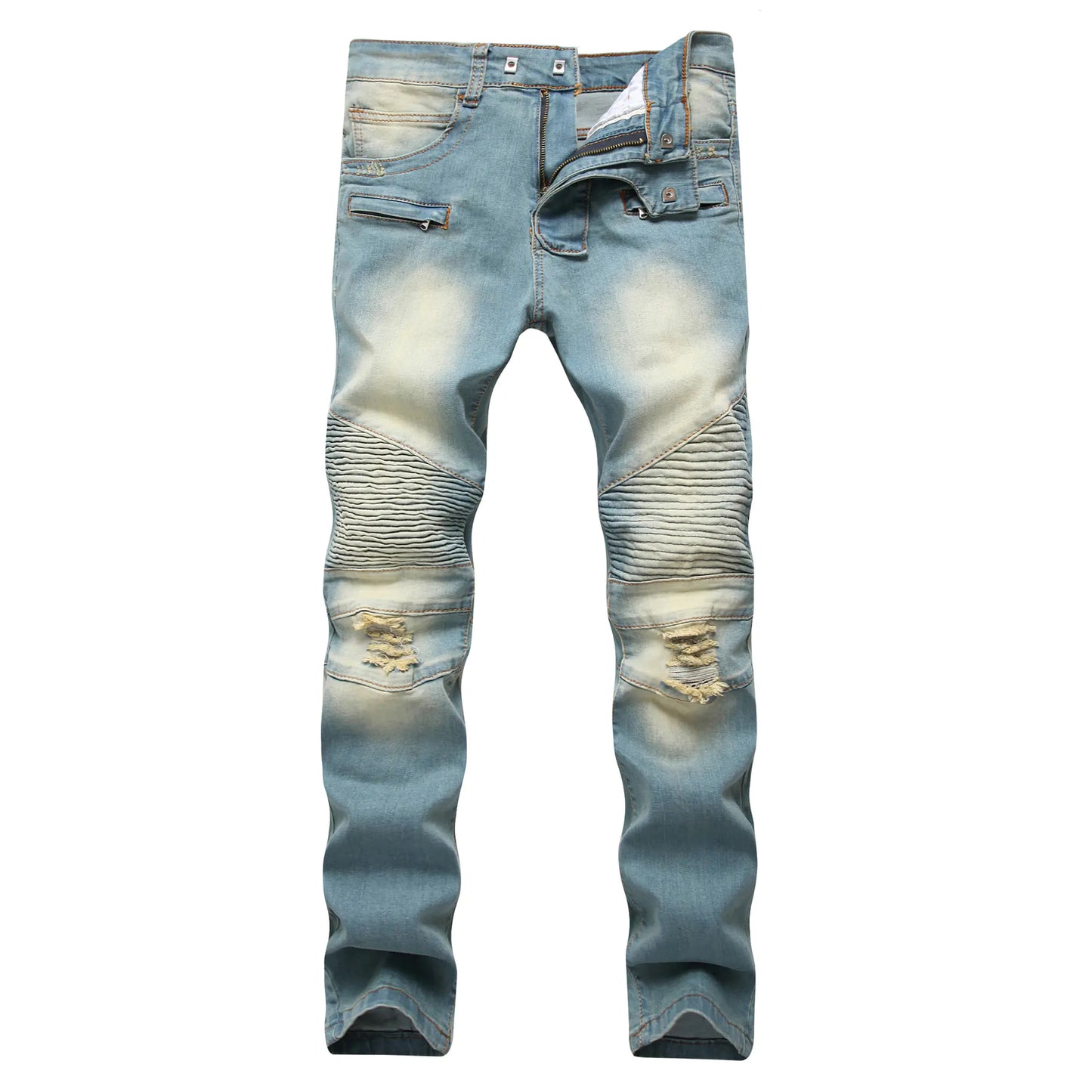 Men's Retro Distressed Zipper Decor Denim Pants