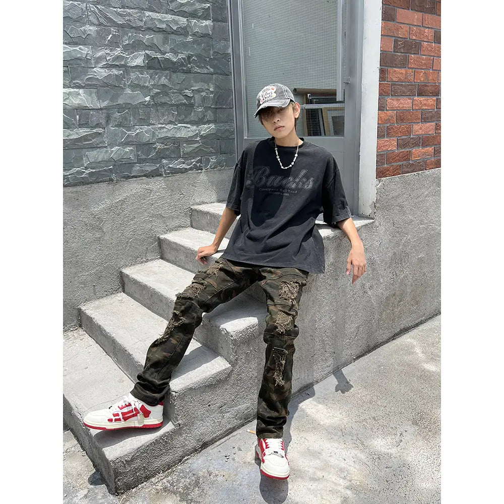 Coconut Style Military Patchwork Denim Cargo Pants