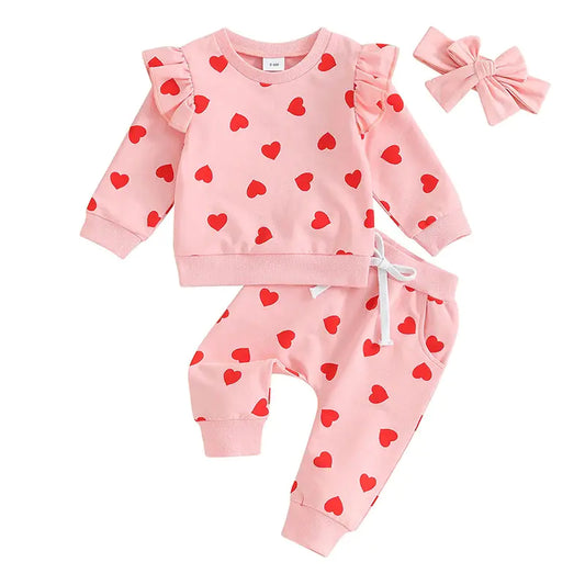 Heart Print Long Sleeve Hoodie 3-Piece Set