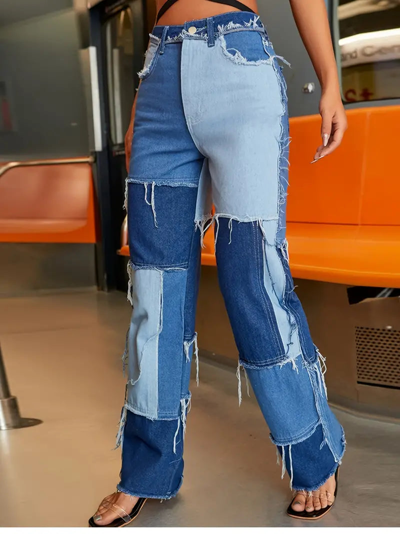 Casual High Waist Mixed Color Wide Leg Denim Jeans