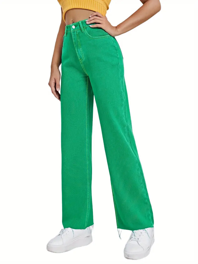 Green High Waist Wide Leg Loose Fit Denim Jeans