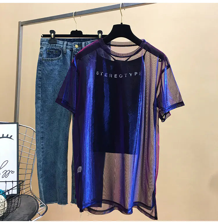 Mesh Ice Silk Short Sleeve Top with Camisole Set