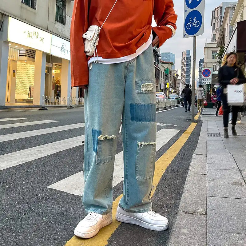 Loose Straight Leg Ripped Jeans for Men