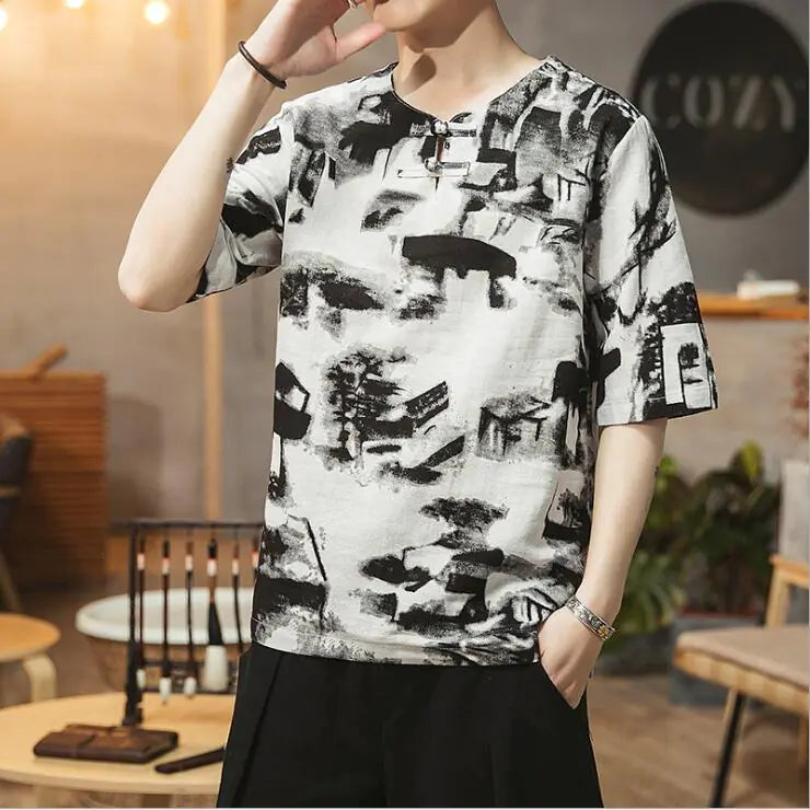 Plus Size Chinese Style Printed Short Sleeve T-Shirt
