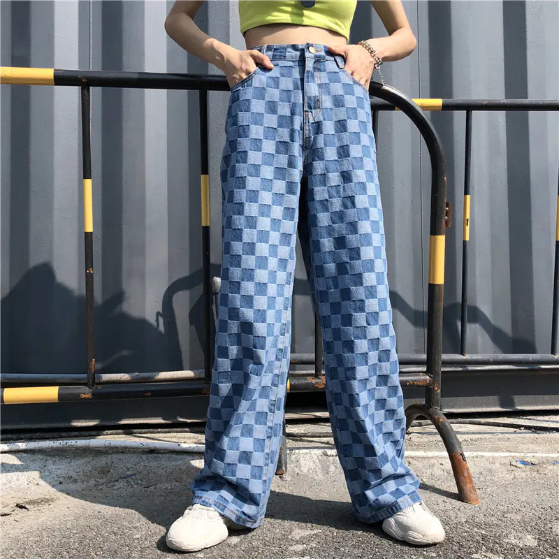 Korean Vintage Checkered Loose Fit Wide-Leg Jeans