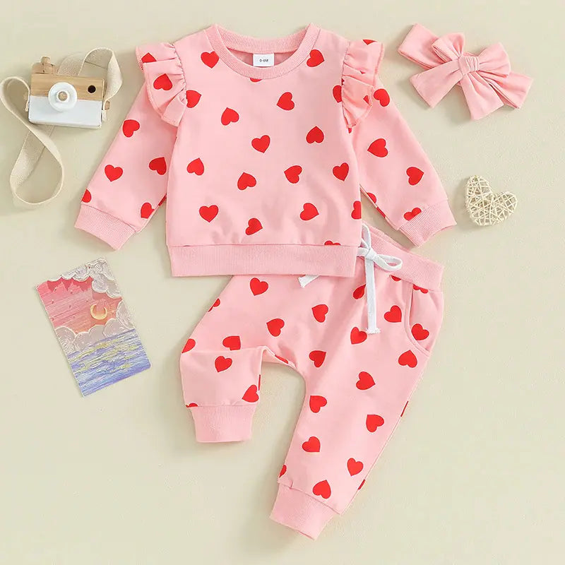 Heart Print Long Sleeve Hoodie 3-Piece Set