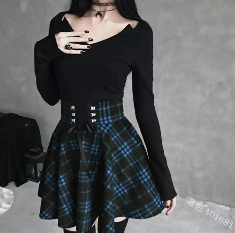 Women's Plaid Asymmetric Skirt with Ribbon Waist