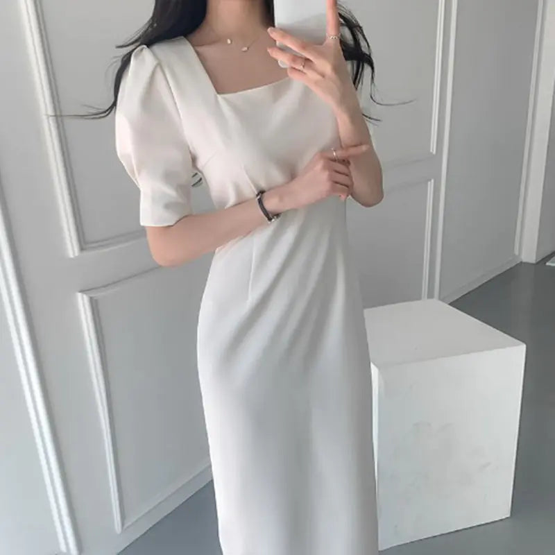 Korean Chic French Style Slim-Fit Midi Dress with Puff Sleeves