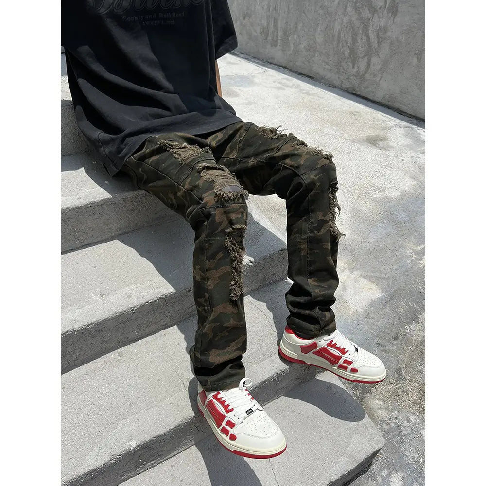 Coconut Style Military Patchwork Denim Cargo Pants