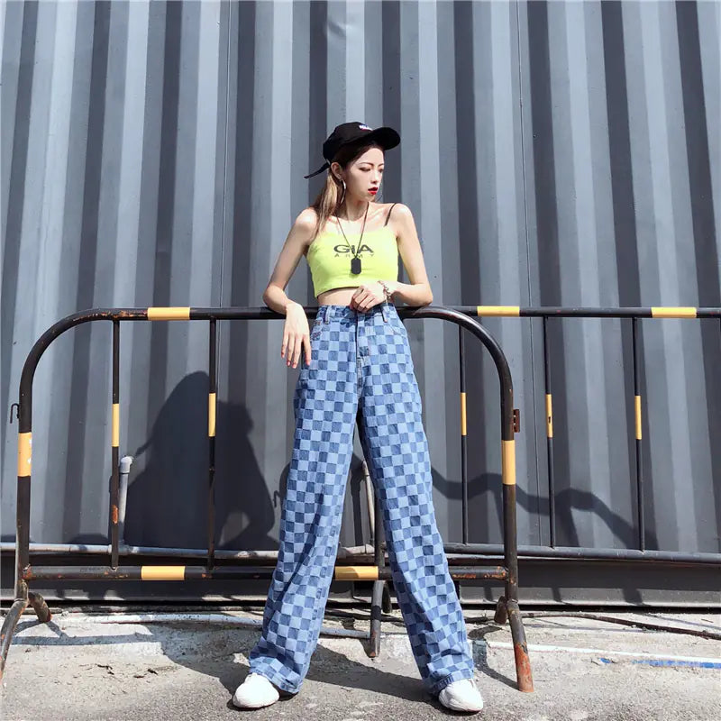 Korean Vintage Checkered Loose Fit Wide-Leg Jeans