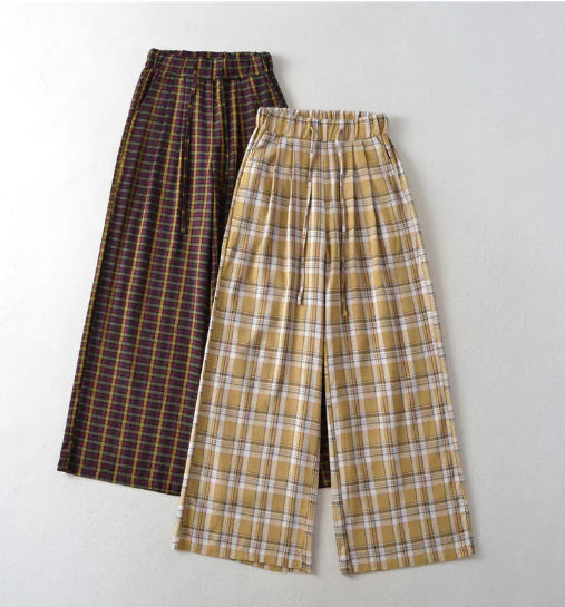 Summer Women's Plaid Wide-Leg Pants with Drawstring